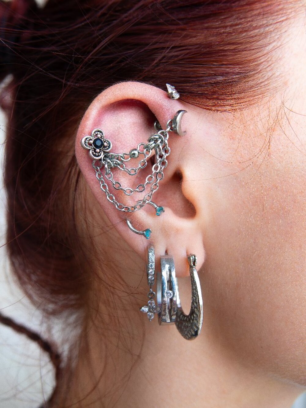 Silver triple piercing chain attachment for cartilage jewelry - Picture 3 of 8